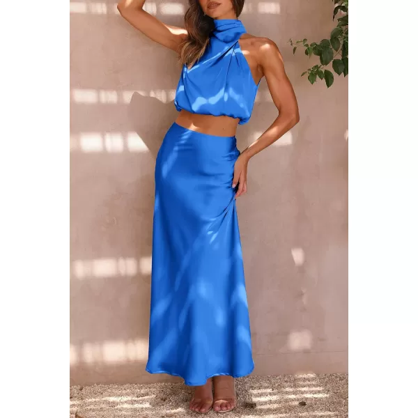 imagePRETTYGARDEN Womens 2 Piece Satin Outfits Summer Sleeveless Mock Neck Crop Tops And Long Skirt Dress SetsBrilliant Blue