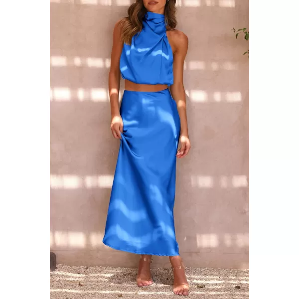imagePRETTYGARDEN Womens 2 Piece Satin Outfits Summer Sleeveless Mock Neck Crop Tops And Long Skirt Dress SetsBrilliant Blue