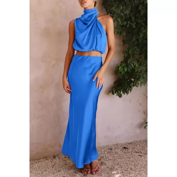 imagePRETTYGARDEN Womens 2 Piece Satin Outfits Summer Sleeveless Mock Neck Crop Tops And Long Skirt Dress SetsBrilliant Blue