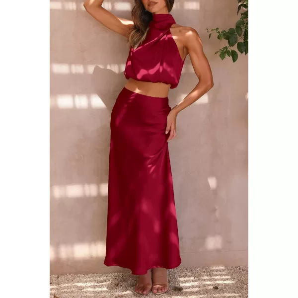 imagePRETTYGARDEN Womens 2 Piece Satin Outfits Summer Sleeveless Mock Neck Crop Tops And Long Skirt Dress SetsDeep Red