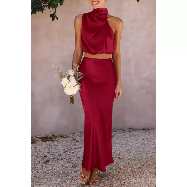 imagePRETTYGARDEN Womens 2 Piece Satin Outfits Summer Sleeveless Mock Neck Crop Tops And Long Skirt Dress SetsDeep Red