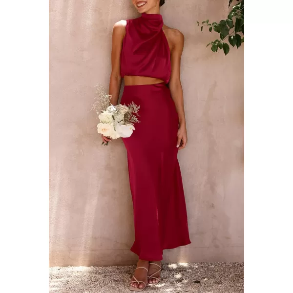 imagePRETTYGARDEN Womens 2 Piece Satin Outfits Summer Sleeveless Mock Neck Crop Tops And Long Skirt Dress SetsDeep Red