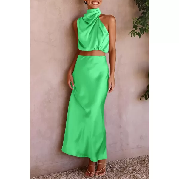 imagePRETTYGARDEN Womens 2 Piece Satin Outfits Summer Sleeveless Mock Neck Crop Tops And Long Skirt Dress SetsGrass Green