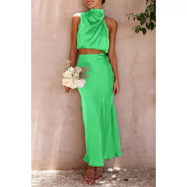 imagePRETTYGARDEN Womens 2 Piece Satin Outfits Summer Sleeveless Mock Neck Crop Tops And Long Skirt Dress SetsGrass Green