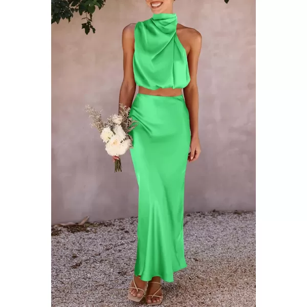 imagePRETTYGARDEN Womens 2 Piece Satin Outfits Summer Sleeveless Mock Neck Crop Tops And Long Skirt Dress SetsGrass Green