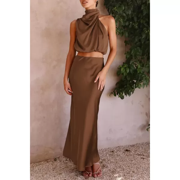 imagePRETTYGARDEN Womens 2 Piece Satin Outfits Summer Sleeveless Mock Neck Crop Tops And Long Skirt Dress SetsKhaki