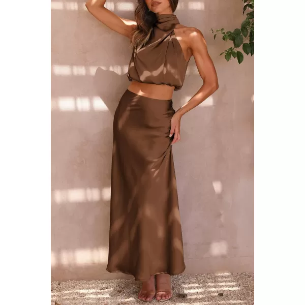 imagePRETTYGARDEN Womens 2 Piece Satin Outfits Summer Sleeveless Mock Neck Crop Tops And Long Skirt Dress SetsKhaki