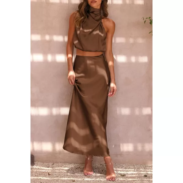 imagePRETTYGARDEN Womens 2 Piece Satin Outfits Summer Sleeveless Mock Neck Crop Tops And Long Skirt Dress SetsKhaki