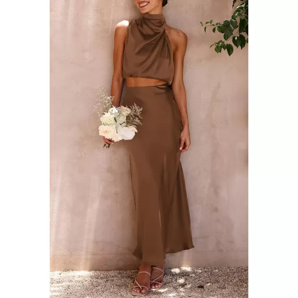 imagePRETTYGARDEN Womens 2 Piece Satin Outfits Summer Sleeveless Mock Neck Crop Tops And Long Skirt Dress SetsKhaki