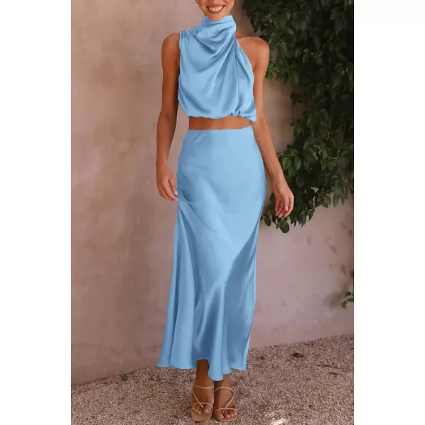 imagePRETTYGARDEN Womens 2 Piece Satin Outfits Summer Sleeveless Mock Neck Crop Tops And Long Skirt Dress SetsLight Blue