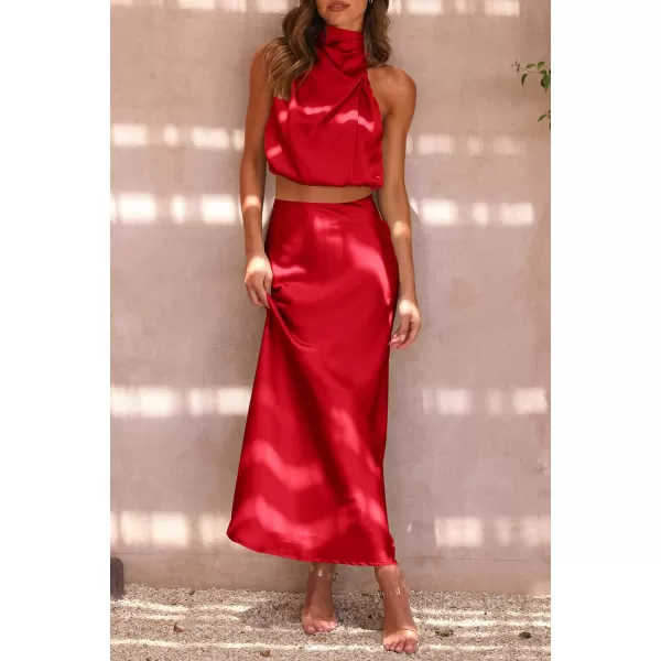 imagePRETTYGARDEN Womens 2 Piece Satin Outfits Summer Sleeveless Mock Neck Crop Tops And Long Skirt Dress SetsRed