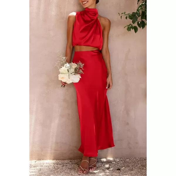 imagePRETTYGARDEN Womens 2 Piece Satin Outfits Summer Sleeveless Mock Neck Crop Tops And Long Skirt Dress SetsRed