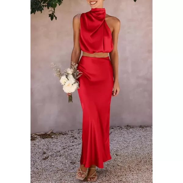 imagePRETTYGARDEN Womens 2 Piece Satin Outfits Summer Sleeveless Mock Neck Crop Tops And Long Skirt Dress SetsRed