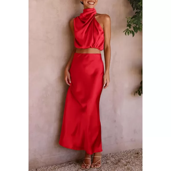 imagePRETTYGARDEN Womens 2 Piece Satin Outfits Summer Sleeveless Mock Neck Crop Tops And Long Skirt Dress SetsRed