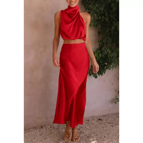 imagePRETTYGARDEN Womens 2 Piece Satin Outfits Summer Sleeveless Mock Neck Crop Tops And Long Skirt Dress SetsRed