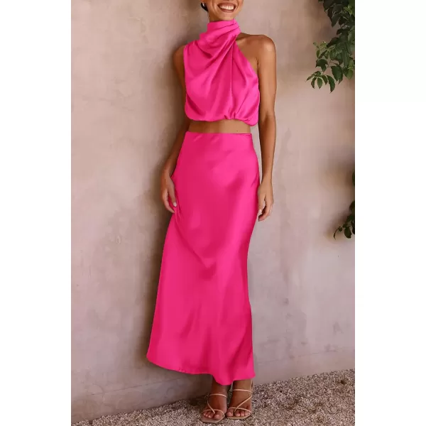 imagePRETTYGARDEN Womens 2 Piece Satin Outfits Summer Sleeveless Mock Neck Crop Tops And Long Skirt Dress SetsRose Red
