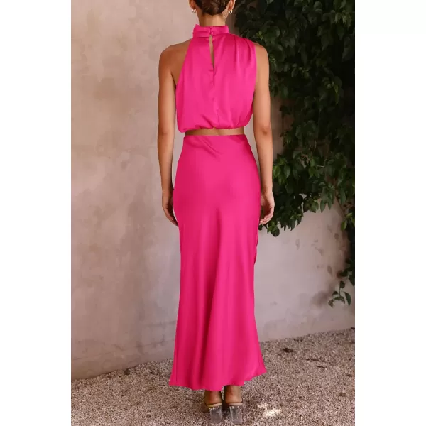 imagePRETTYGARDEN Womens 2 Piece Satin Outfits Summer Sleeveless Mock Neck Crop Tops And Long Skirt Dress SetsRose Red