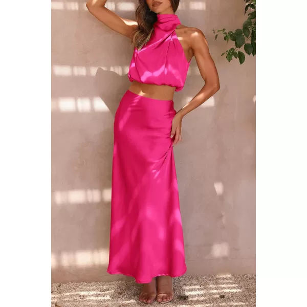 imagePRETTYGARDEN Womens 2 Piece Satin Outfits Summer Sleeveless Mock Neck Crop Tops And Long Skirt Dress SetsRose Red