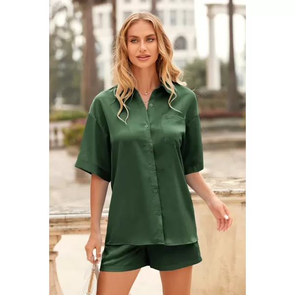 imagePRETTYGARDEN Womens 2 Piece Satin Pajama Sets Short Sleeve Button Down Tops And Shorts Set 2023 Summer Pjs Silk SleepwearArmy Green