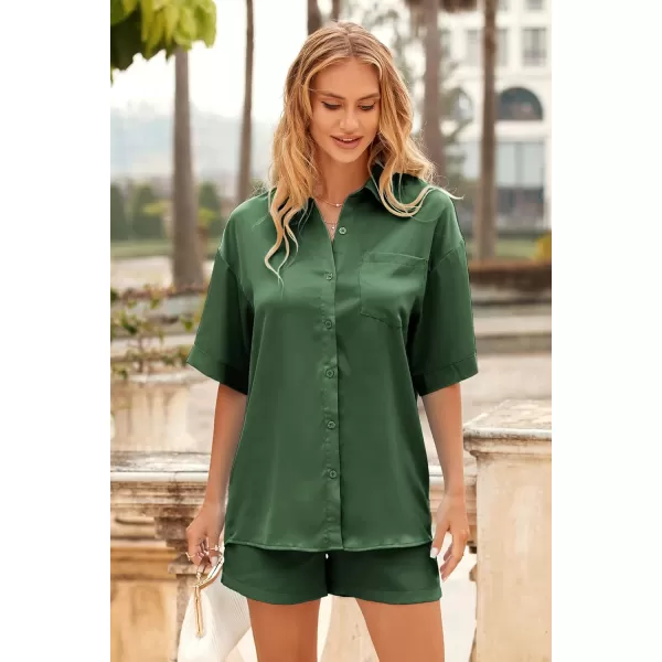 imagePRETTYGARDEN Womens 2 Piece Satin Pajama Sets Short Sleeve Button Down Tops And Shorts Set 2023 Summer Pjs Silk SleepwearArmy Green