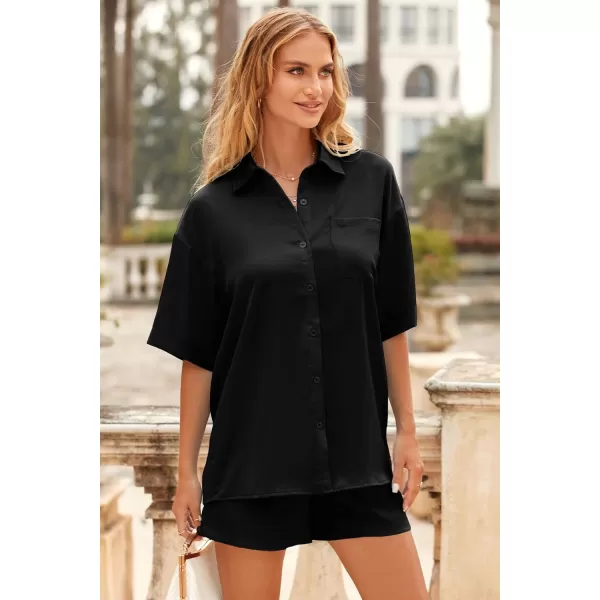 imagePRETTYGARDEN Womens 2 Piece Satin Pajama Sets Short Sleeve Button Down Tops And Shorts Set 2023 Summer Pjs Silk SleepwearBlack