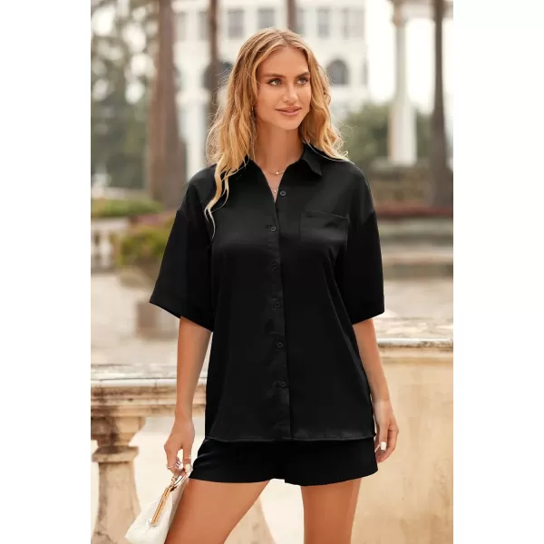 imagePRETTYGARDEN Womens 2 Piece Satin Pajama Sets Short Sleeve Button Down Tops And Shorts Set 2023 Summer Pjs Silk SleepwearBlack