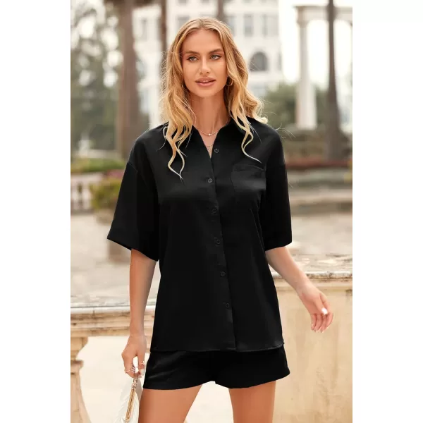 imagePRETTYGARDEN Womens 2 Piece Satin Pajama Sets Short Sleeve Button Down Tops And Shorts Set 2023 Summer Pjs Silk SleepwearBlack