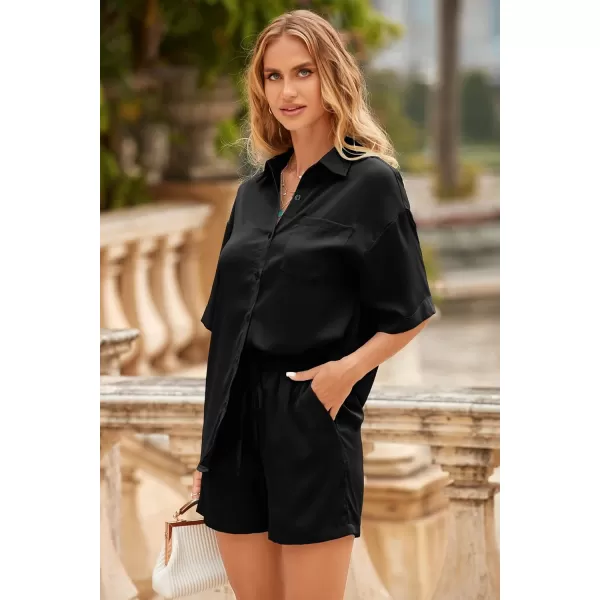 imagePRETTYGARDEN Womens 2 Piece Satin Pajama Sets Short Sleeve Button Down Tops And Shorts Set 2023 Summer Pjs Silk SleepwearBlack