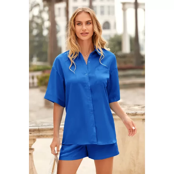 imagePRETTYGARDEN Womens 2 Piece Satin Pajama Sets Short Sleeve Button Down Tops And Shorts Set 2023 Summer Pjs Silk SleepwearBlue