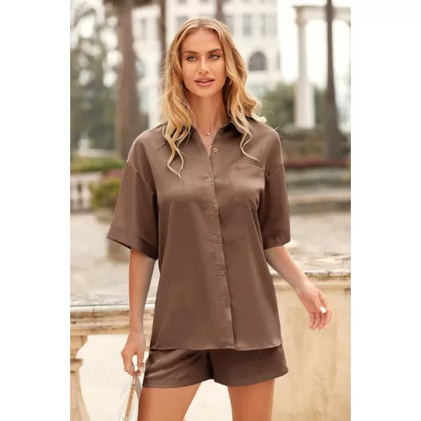 imagePRETTYGARDEN Womens 2 Piece Satin Pajama Sets Short Sleeve Button Down Tops And Shorts Set 2023 Summer Pjs Silk SleepwearBrown