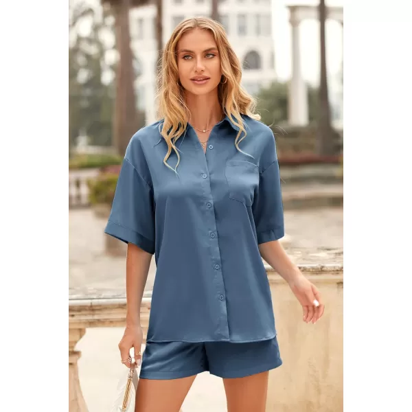 imagePRETTYGARDEN Womens 2 Piece Satin Pajama Sets Short Sleeve Button Down Tops And Shorts Set 2023 Summer Pjs Silk SleepwearGrey Blue