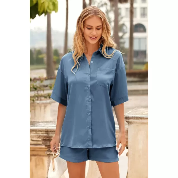 imagePRETTYGARDEN Womens 2 Piece Satin Pajama Sets Short Sleeve Button Down Tops And Shorts Set 2023 Summer Pjs Silk SleepwearGrey Blue