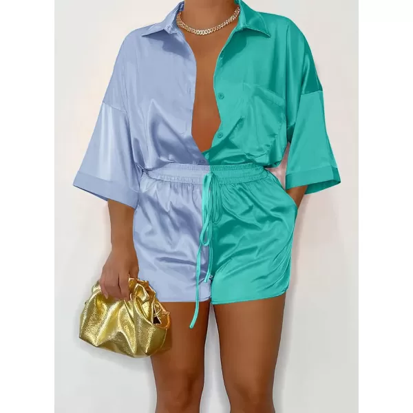 imagePRETTYGARDEN Womens 2 Piece Satin Pajama Sets Short Sleeve Button Down Tops And Shorts Set 2023 Summer Pjs Silk SleepwearLight Blueblue Green