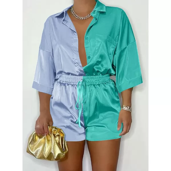 imagePRETTYGARDEN Womens 2 Piece Satin Pajama Sets Short Sleeve Button Down Tops And Shorts Set 2023 Summer Pjs Silk SleepwearLight Blueblue Green