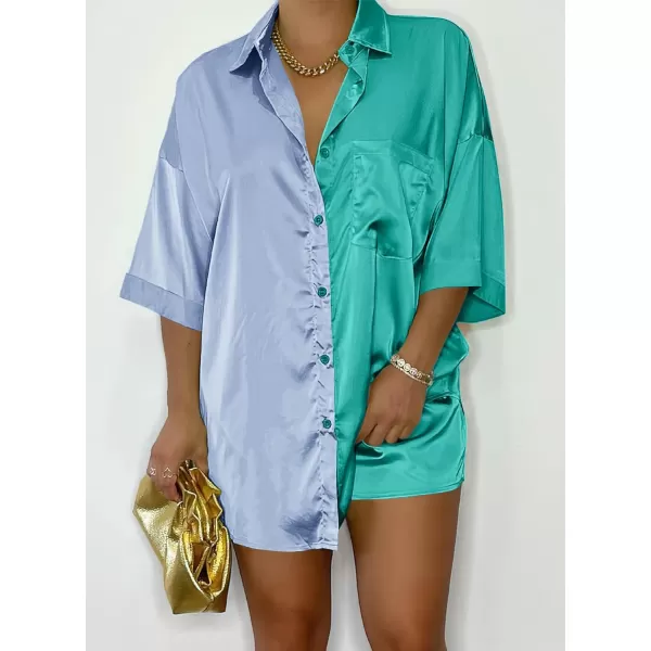 imagePRETTYGARDEN Womens 2 Piece Satin Pajama Sets Short Sleeve Button Down Tops And Shorts Set 2023 Summer Pjs Silk SleepwearLight Blueblue Green