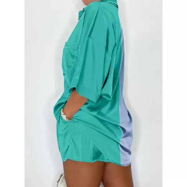imagePRETTYGARDEN Womens 2 Piece Satin Pajama Sets Short Sleeve Button Down Tops And Shorts Set 2023 Summer Pjs Silk SleepwearLight Blueblue Green