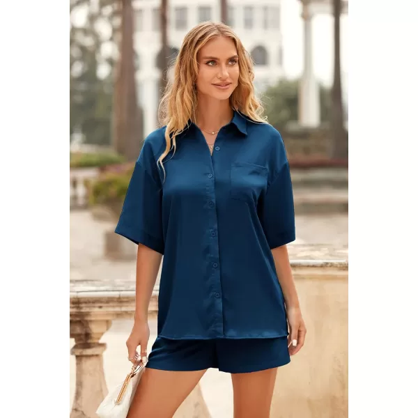 imagePRETTYGARDEN Womens 2 Piece Satin Pajama Sets Short Sleeve Button Down Tops And Shorts Set 2023 Summer Pjs Silk SleepwearNavy
