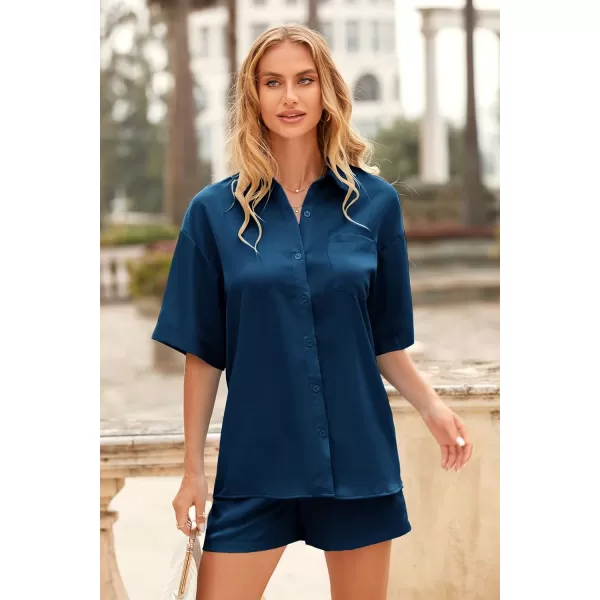 imagePRETTYGARDEN Womens 2 Piece Satin Pajama Sets Short Sleeve Button Down Tops And Shorts Set 2023 Summer Pjs Silk SleepwearNavy