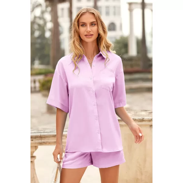 imagePRETTYGARDEN Womens 2 Piece Satin Pajama Sets Short Sleeve Button Down Tops And Shorts Set 2023 Summer Pjs Silk SleepwearPink