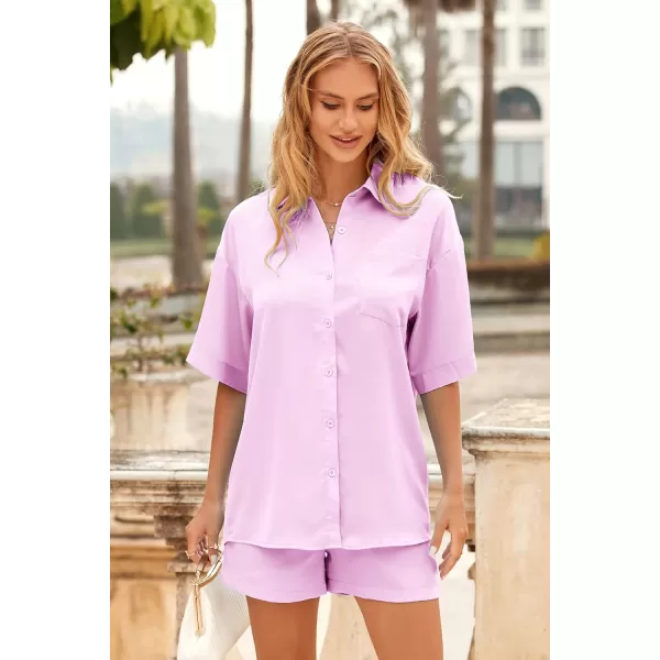 imagePRETTYGARDEN Womens 2 Piece Satin Pajama Sets Short Sleeve Button Down Tops And Shorts Set 2023 Summer Pjs Silk SleepwearPink