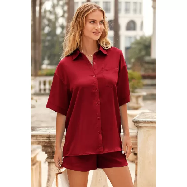 imagePRETTYGARDEN Womens 2 Piece Satin Pajama Sets Short Sleeve Button Down Tops And Shorts Set 2023 Summer Pjs Silk SleepwearRed