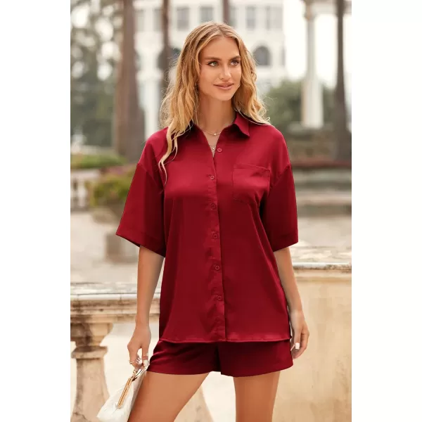 imagePRETTYGARDEN Womens 2 Piece Satin Pajama Sets Short Sleeve Button Down Tops And Shorts Set 2023 Summer Pjs Silk SleepwearRed
