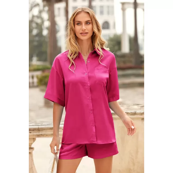 imagePRETTYGARDEN Womens 2 Piece Satin Pajama Sets Short Sleeve Button Down Tops And Shorts Set 2023 Summer Pjs Silk SleepwearRose Red