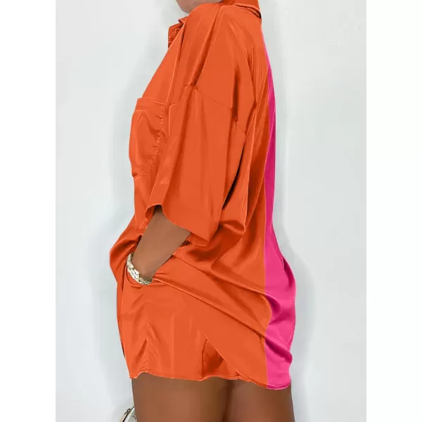 imagePRETTYGARDEN Womens 2 Piece Satin Pajama Sets Short Sleeve Button Down Tops And Shorts Set 2023 Summer Pjs Silk SleepwearRose Redorange