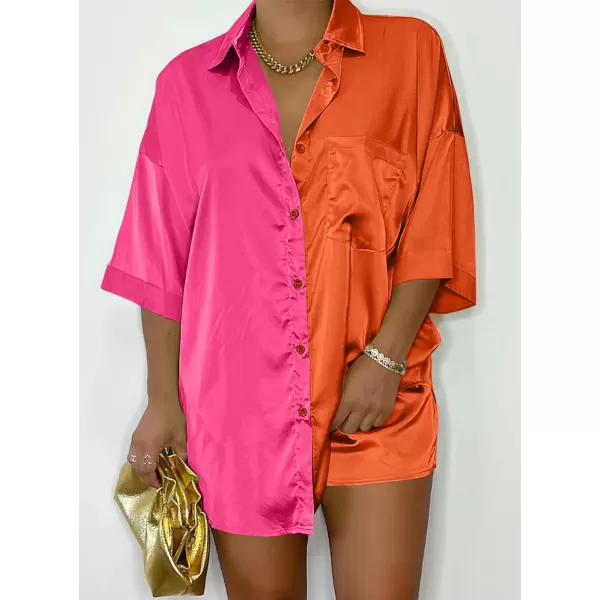 imagePRETTYGARDEN Womens 2 Piece Satin Pajama Sets Short Sleeve Button Down Tops And Shorts Set 2023 Summer Pjs Silk SleepwearRose Redorange