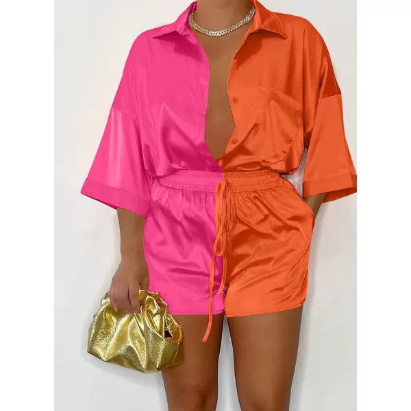imagePRETTYGARDEN Womens 2 Piece Satin Pajama Sets Short Sleeve Button Down Tops And Shorts Set 2023 Summer Pjs Silk SleepwearRose Redorange