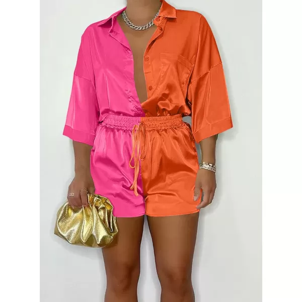imagePRETTYGARDEN Womens 2 Piece Satin Pajama Sets Short Sleeve Button Down Tops And Shorts Set 2023 Summer Pjs Silk SleepwearRose Redorange