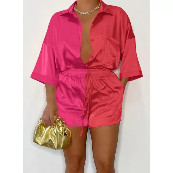 imagePRETTYGARDEN Womens 2 Piece Satin Pajama Sets Short Sleeve Button Down Tops And Shorts Set 2023 Summer Pjs Silk SleepwearRose Redred