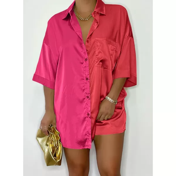 imagePRETTYGARDEN Womens 2 Piece Satin Pajama Sets Short Sleeve Button Down Tops And Shorts Set 2023 Summer Pjs Silk SleepwearRose Redred