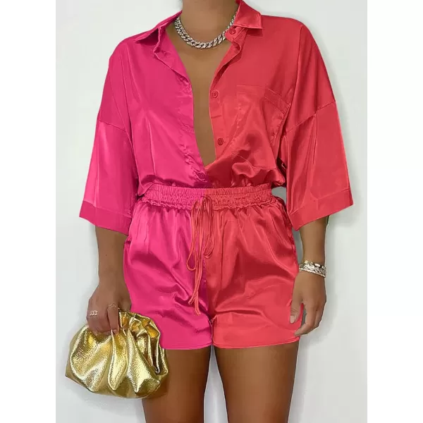 imagePRETTYGARDEN Womens 2 Piece Satin Pajama Sets Short Sleeve Button Down Tops And Shorts Set 2023 Summer Pjs Silk SleepwearRose Redred